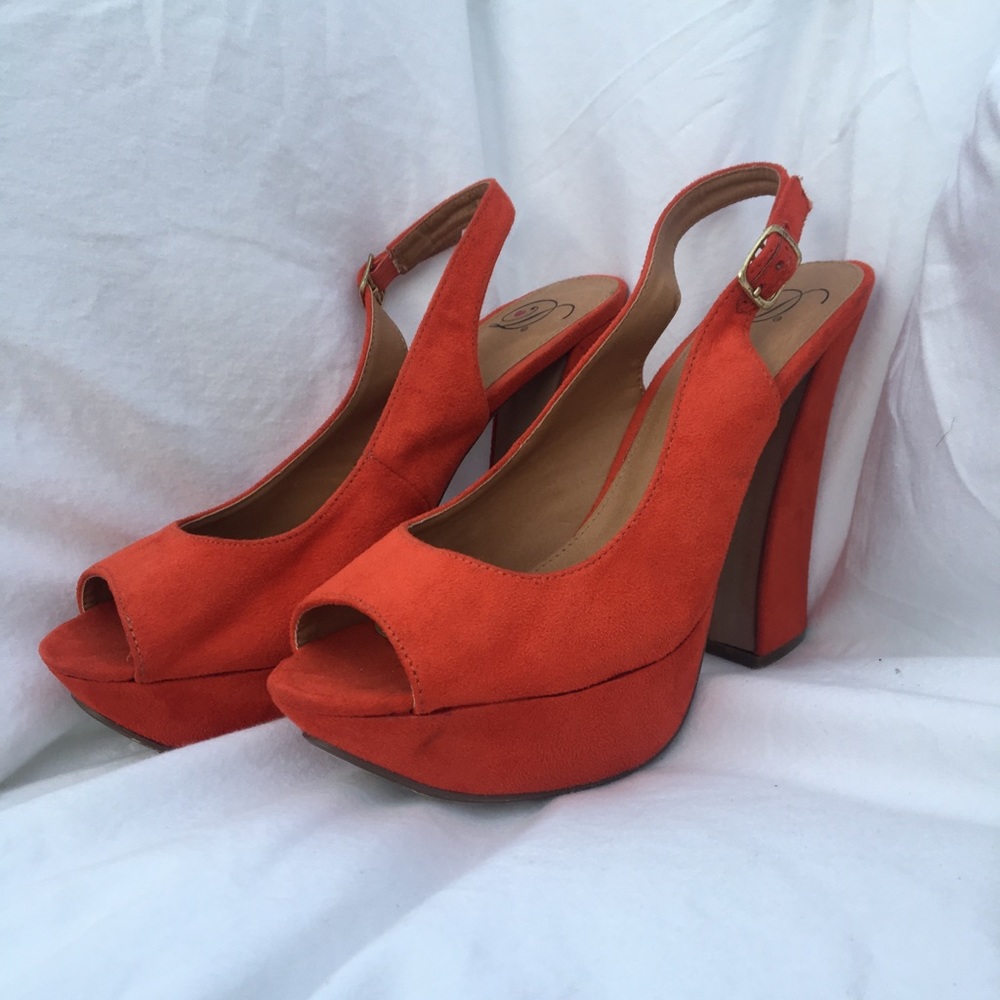 Orange/red suede strap heels